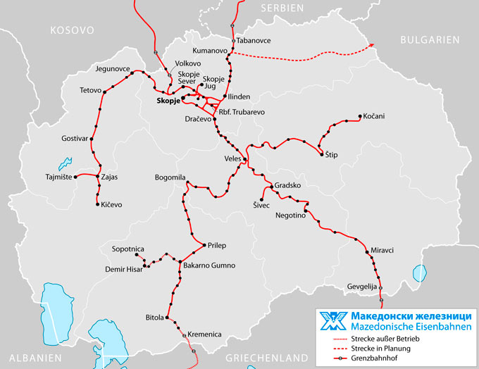 Mapa de los ferrocarriles de Macedonia